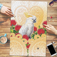 New Zealand Aotearoa Cockatoo Puzzle Maori Pattern With Pohutukawa Flowers