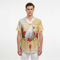 New Zealand Aotearoa Cockatoo Scrub Top Maori Pattern With Pohutukawa Flowers