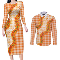 Orange Hawaii Palaka Couples Matching Long Sleeve Bodycon Dress and Long Sleeve Button Shirt Hawaiian Ilima Lei LT05 Orange - Polynesian Pride