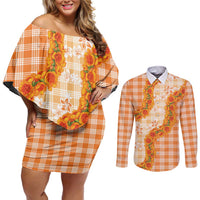 Orange Hawaii Palaka Couples Matching Off Shoulder Short Dress and Long Sleeve Button Shirt Hawaiian Ilima Lei LT05 Orange - Polynesian Pride