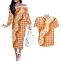 Orange Hawaii Palaka Couples Matching Off The Shoulder Long Sleeve Dress and Hawaiian Shirt Hawaiian Ilima Lei