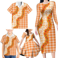 Orange Hawaii Palaka Family Matching Long Sleeve Bodycon Dress and Hawaiian Shirt Hawaiian Ilima Lei