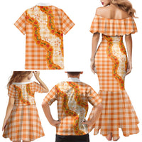 Orange Hawaii Palaka Family Matching Mermaid Dress and Hawaiian Shirt Hawaiian Ilima Lei