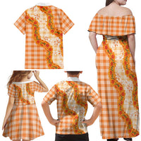 Orange Hawaii Palaka Family Matching Off Shoulder Maxi Dress and Hawaiian Shirt Hawaiian Ilima Lei