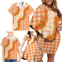 Orange Hawaii Palaka Family Matching Off Shoulder Short Dress and Hawaiian Shirt Hawaiian Ilima Lei