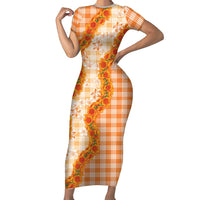 Orange Hawaii Palaka Short Sleeve Bodycon Dress Hawaiian Ilima Lei
