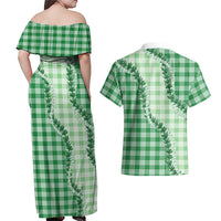 Green Hawaii Palaka Couples Matching Off Shoulder Maxi Dress and Hawaiian Shirt Hawaiian Pikake Lei