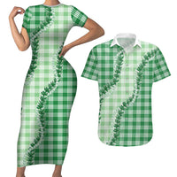 Green Hawaii Palaka Couples Matching Short Sleeve Bodycon Dress and Hawaiian Shirt Hawaiian Pikake Lei