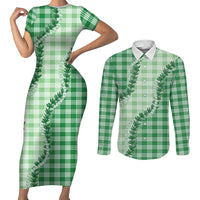 Green Hawaii Palaka Couples Matching Short Sleeve Bodycon Dress and Long Sleeve Button Shirt Hawaiian Pikake Lei