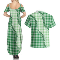 Green Hawaii Palaka Couples Matching Summer Maxi Dress and Hawaiian Shirt Hawaiian Pikake Lei