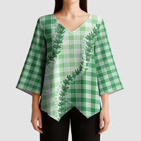 Green Hawaii Palaka Kimono Sleeve Blouse Hawaiian Pikake Lei LT05 - Polynesian Pride