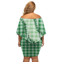 Green Hawaii Palaka Off Shoulder Short Dress Hawaiian Pikake Lei LT05 - Polynesian Pride