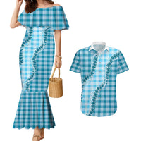 Blue Hawaii Palaka Couples Matching Mermaid Dress and Hawaiian Shirt Hawaiian Pikake Lei LT05 Blue - Polynesian Pride