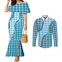 Blue Hawaii Palaka Couples Matching Mermaid Dress and Long Sleeve Button Shirt Hawaiian Pikake Lei