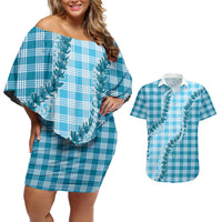 Blue Hawaii Palaka Couples Matching Off Shoulder Short Dress and Hawaiian Shirt Hawaiian Pikake Lei