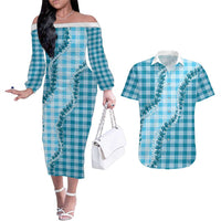 Blue Hawaii Palaka Couples Matching Off The Shoulder Long Sleeve Dress and Hawaiian Shirt Hawaiian Pikake Lei
