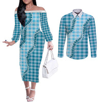 Blue Hawaii Palaka Couples Matching Off The Shoulder Long Sleeve Dress and Long Sleeve Button Shirt Hawaiian Pikake Lei