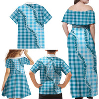 Blue Hawaii Palaka Family Matching Off Shoulder Maxi Dress and Hawaiian Shirt Hawaiian Pikake Lei