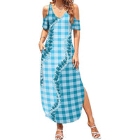 Blue Hawaii Palaka Summer Maxi Dress Hawaiian Pikake Lei