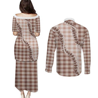 Beige Hawaii Palaka Couples Matching Puletasi and Long Sleeve Button Shirt Hawaiian Pikake Lei