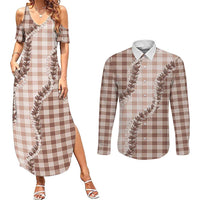 Beige Hawaii Palaka Couples Matching Summer Maxi Dress and Long Sleeve Button Shirt Hawaiian Pikake Lei