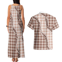 Beige Hawaii Palaka Couples Matching Tank Maxi Dress and Hawaiian Shirt Hawaiian Pikake Lei