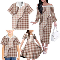 Beige Hawaii Palaka Family Matching Off The Shoulder Long Sleeve Dress and Hawaiian Shirt Hawaiian Pikake Lei