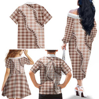Beige Hawaii Palaka Family Matching Off The Shoulder Long Sleeve Dress and Hawaiian Shirt Hawaiian Pikake Lei
