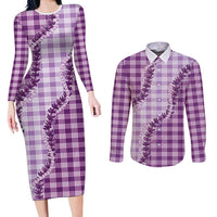 Violet Hawaii Palaka Couples Matching Long Sleeve Bodycon Dress and Long Sleeve Button Shirt Hawaiian Pikake Lei LT05 Violet - Polynesian Pride