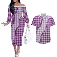 Violet Hawaii Palaka Couples Matching Off The Shoulder Long Sleeve Dress and Hawaiian Shirt Hawaiian Pikake Lei