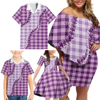 Violet Hawaii Palaka Family Matching Off Shoulder Short Dress and Hawaiian Shirt Hawaiian Pikake Lei