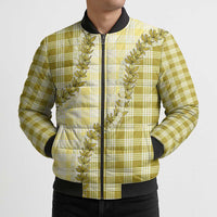 Yellow Hawaii Palaka Bomber Puffer Jacket Hawaiian Pikake Lei