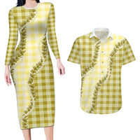 Yellow Hawaii Palaka Couples Matching Long Sleeve Bodycon Dress and Hawaiian Shirt Hawaiian Pikake Lei