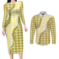 Yellow Hawaii Palaka Couples Matching Long Sleeve Bodycon Dress and Long Sleeve Button Shirt Hawaiian Pikake Lei