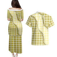 Yellow Hawaii Palaka Couples Matching Puletasi and Hawaiian Shirt Hawaiian Pikake Lei LT05 - Polynesian Pride