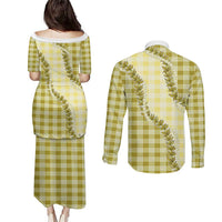 Yellow Hawaii Palaka Couples Matching Puletasi and Long Sleeve Button Shirt Hawaiian Pikake Lei