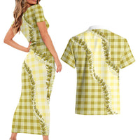Yellow Hawaii Palaka Couples Matching Short Sleeve Bodycon Dress and Hawaiian Shirt Hawaiian Pikake Lei