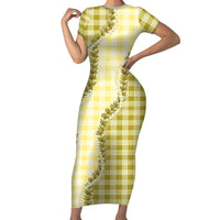 Yellow Hawaii Palaka Family Matching Short Sleeve Bodycon Dress and Hawaiian Shirt Hawaiian Pikake Lei