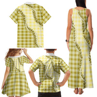 Yellow Hawaii Palaka Family Matching Tank Maxi Dress and Hawaiian Shirt Hawaiian Pikake Lei