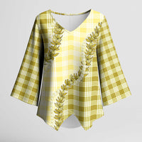 Yellow Hawaii Palaka Kimono Sleeve Blouse Hawaiian Pikake Lei