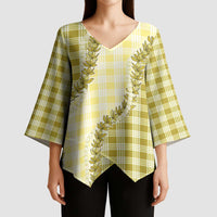 Yellow Hawaii Palaka Kimono Sleeve Blouse Hawaiian Pikake Lei