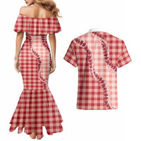 Red Hawaii Palaka Couples Matching Mermaid Dress and Hawaiian Shirt Hawaiian Pikake Lei