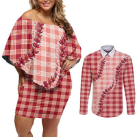 Red Hawaii Palaka Couples Matching Off Shoulder Short Dress and Long Sleeve Button Shirt Hawaiian Pikake Lei