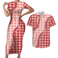 Red Hawaii Palaka Couples Matching Short Sleeve Bodycon Dress and Hawaiian Shirt Hawaiian Pikake Lei