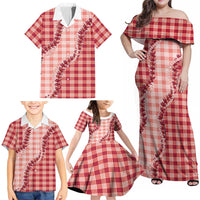 Red Hawaii Palaka Family Matching Off Shoulder Maxi Dress and Hawaiian Shirt Hawaiian Pikake Lei