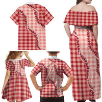 Red Hawaii Palaka Family Matching Off Shoulder Maxi Dress and Hawaiian Shirt Hawaiian Pikake Lei