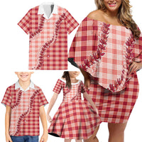 Red Hawaii Palaka Family Matching Off Shoulder Short Dress and Hawaiian Shirt Hawaiian Pikake Lei