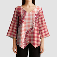 Red Hawaii Palaka Kimono Sleeve Blouse Hawaiian Pikake Lei
