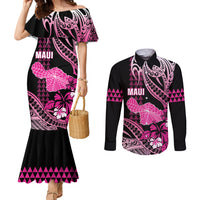 Hawaii Maui Upena Kiloi Couples Matching Mermaid Dress and Long Sleeve Button Shirt Kakau Tribal Pattern Pink Version