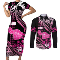 Hawaii Maui Upena Kiloi Couples Matching Short Sleeve Bodycon Dress and Long Sleeve Button Shirt Kakau Tribal Pattern Pink Version